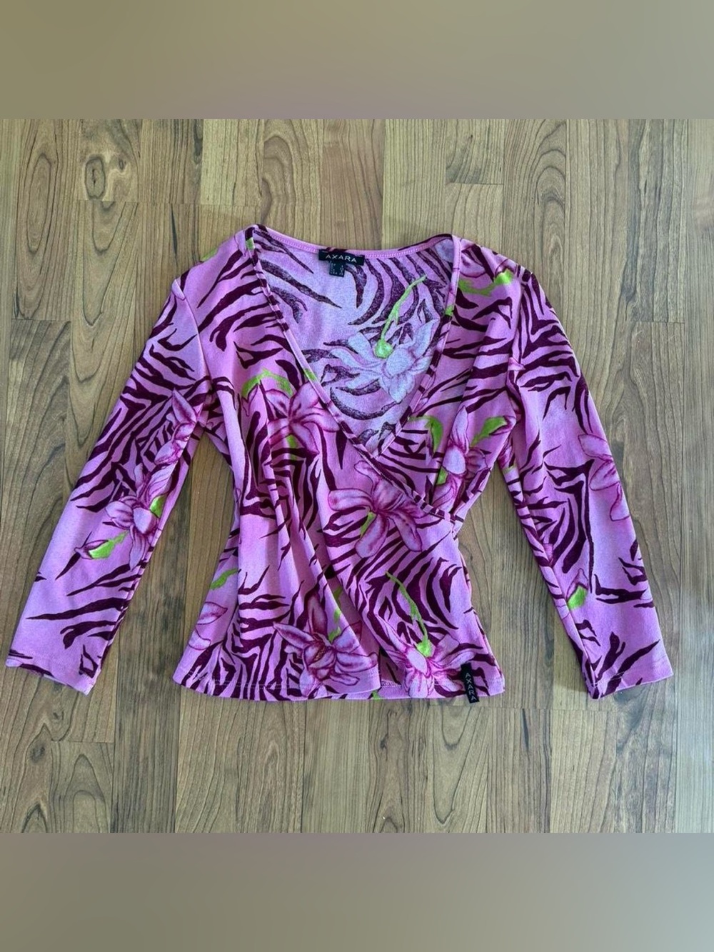 Vtg‎ Y2K Axara Paris Pink Zebra Print wrap top. Size XS